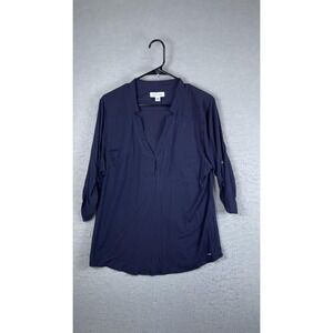 Calvin Klein Tunic Blouse Womens XL Navy‎ Blue V Neck 3/4 Roll Tab Sleeve Top